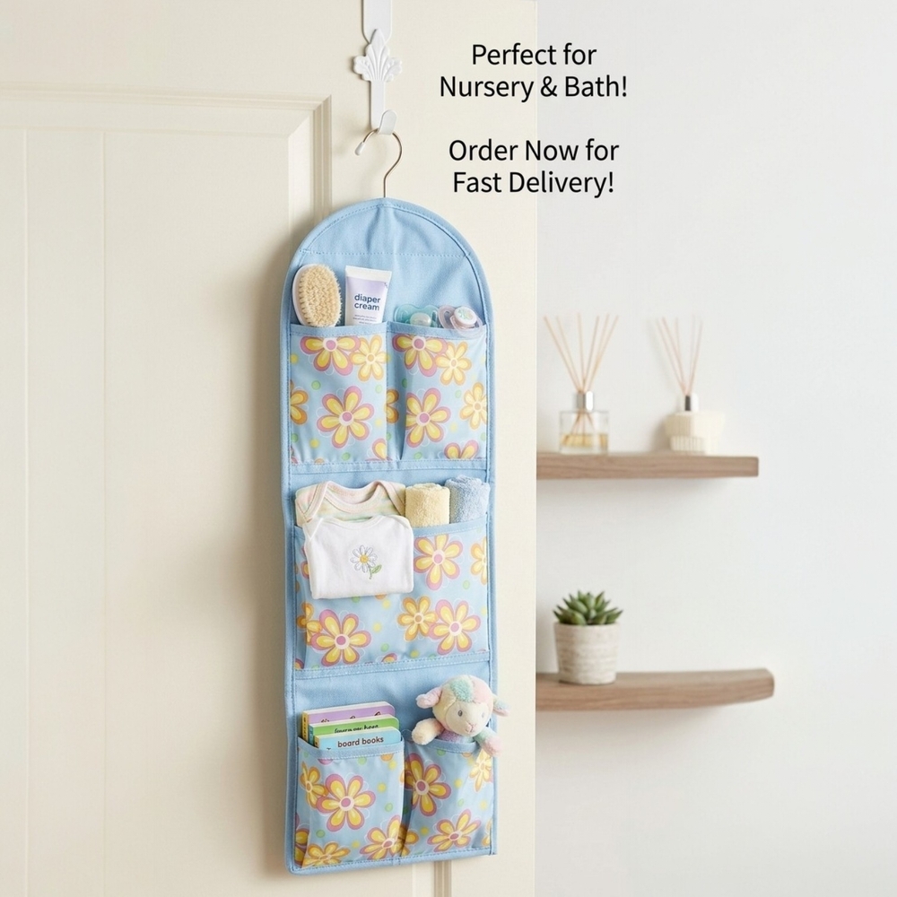 Vibrant Floral Hanging Wall Organizer – 5 Pockets – Blue & Yellow Daisy Print